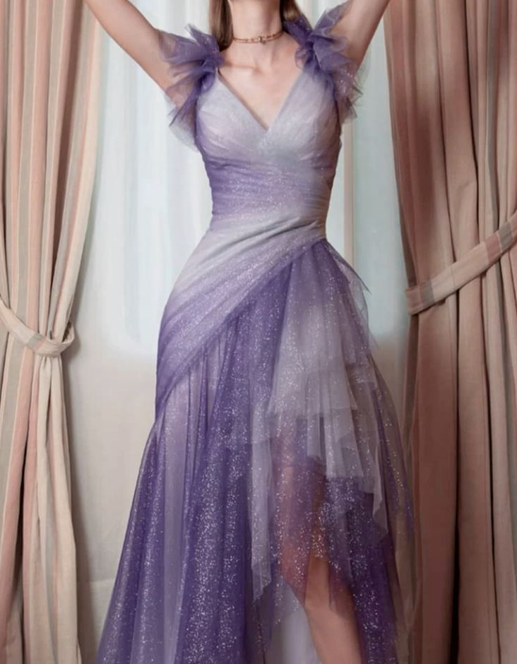 V Neck Glitter Tulle Prom Gown Unique Evening Dresses cg25329