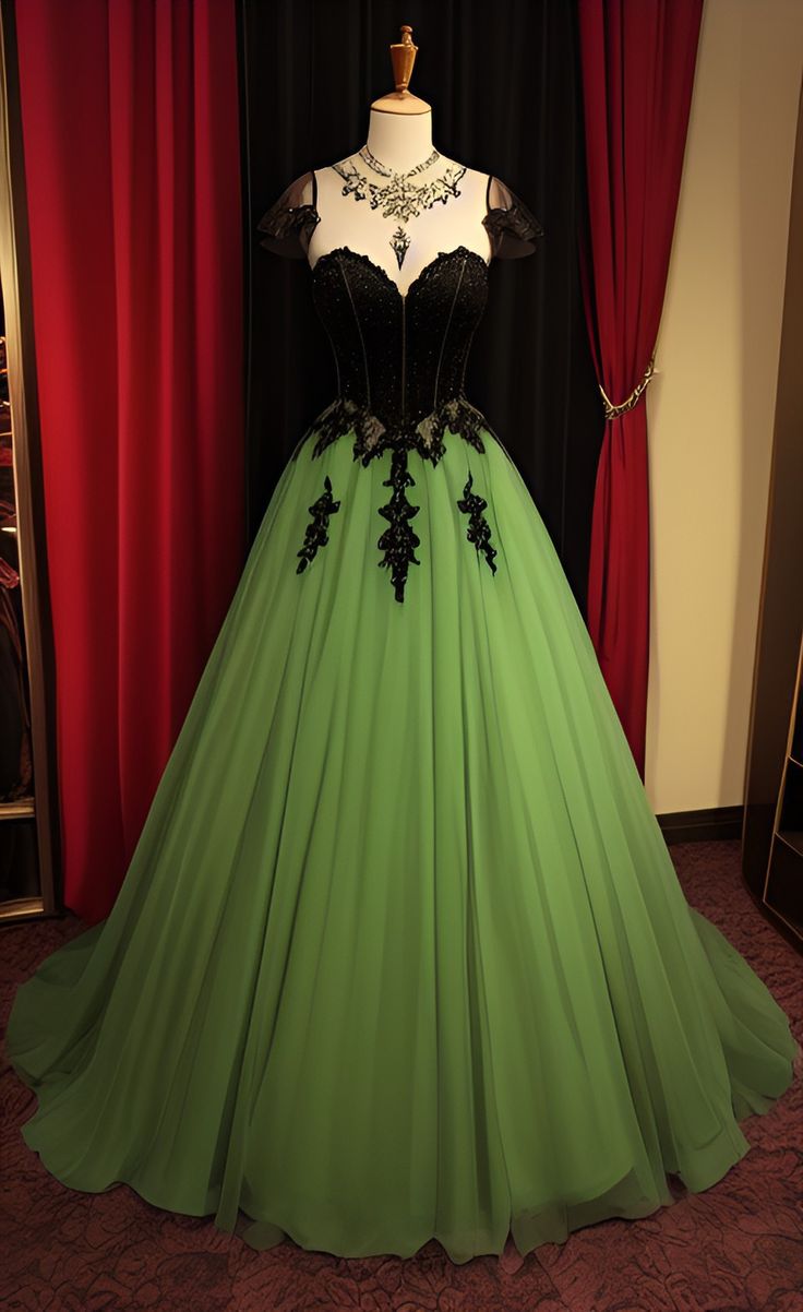 A Line Green and Black Lace Applique Tulle Evening Dresses cg25346