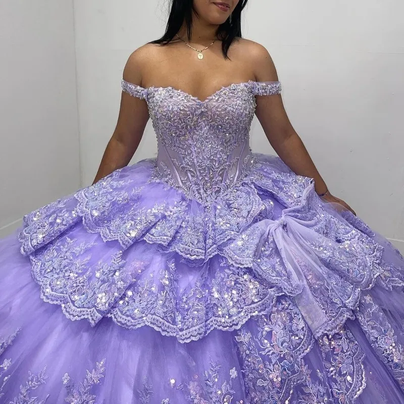 Lavender Off Shoulder Ball Gown Quinceanera Dress with Classic Applique Lace and Crystal Sweet 16 Design cg25186