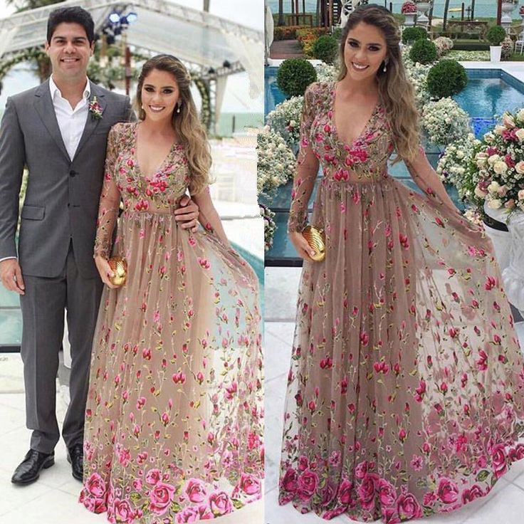 A-Line V-Neck Tulle Prom Dress With Sleeves cg1774