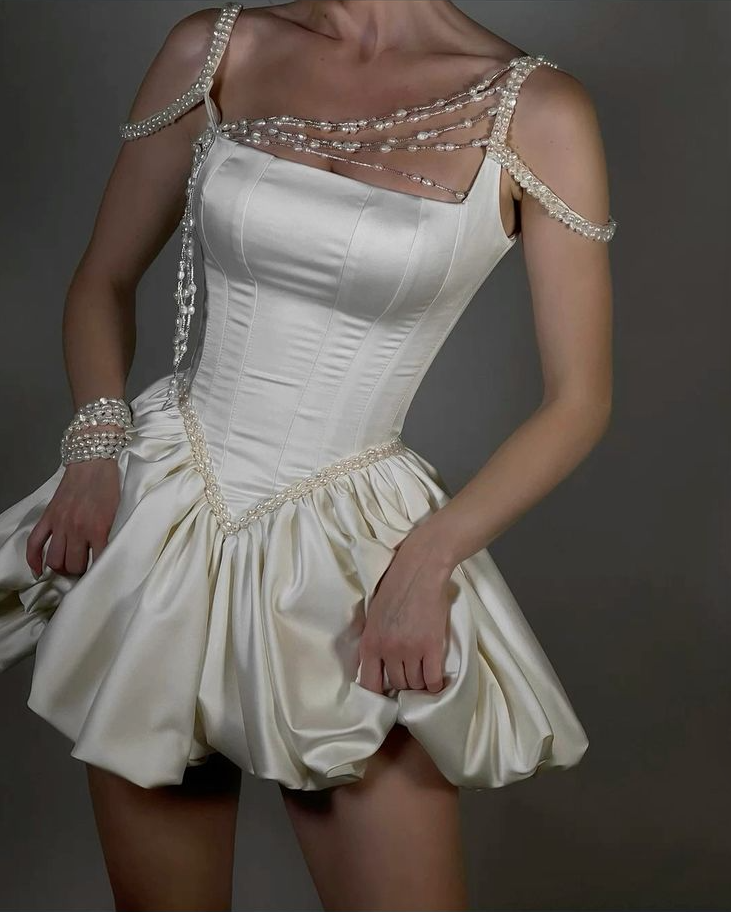 Ivory A-Line Pearl Satin Homecoming Dress Mini Prom Bridal Dress    cg25964