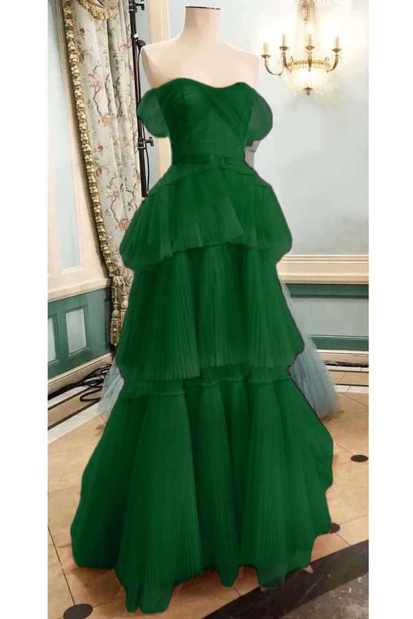 Off The Shoulder Tulle Tiered Long Prom Dress, A Line Evening Gown   cg24857