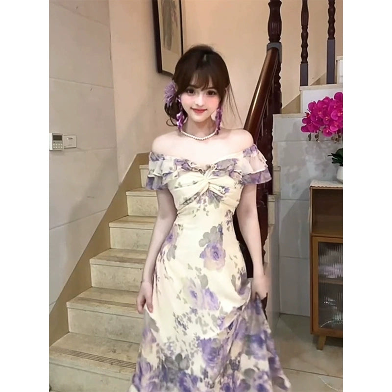 Purple floral print dress, retro French style, off-the-shoulder long dress G103
