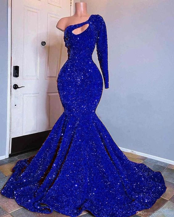 Red Sequined Mermaid Prom Dresses One Shoulder Long Sleeve Sequined Keyhole Prom Gowns cg15792