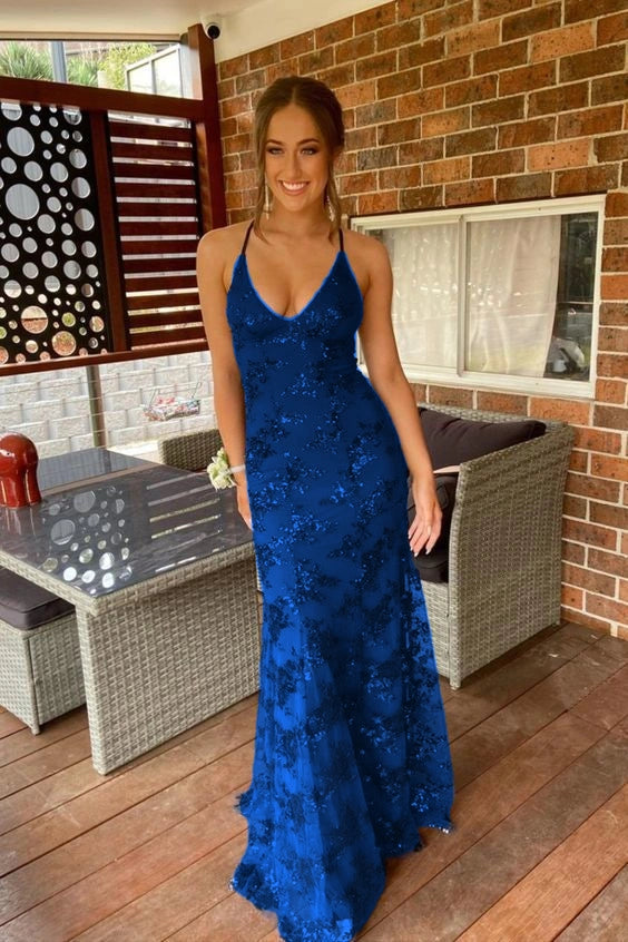 navy blue mermaid tulle and sequins long formal prom dress with v neckline and lace up back cg10962