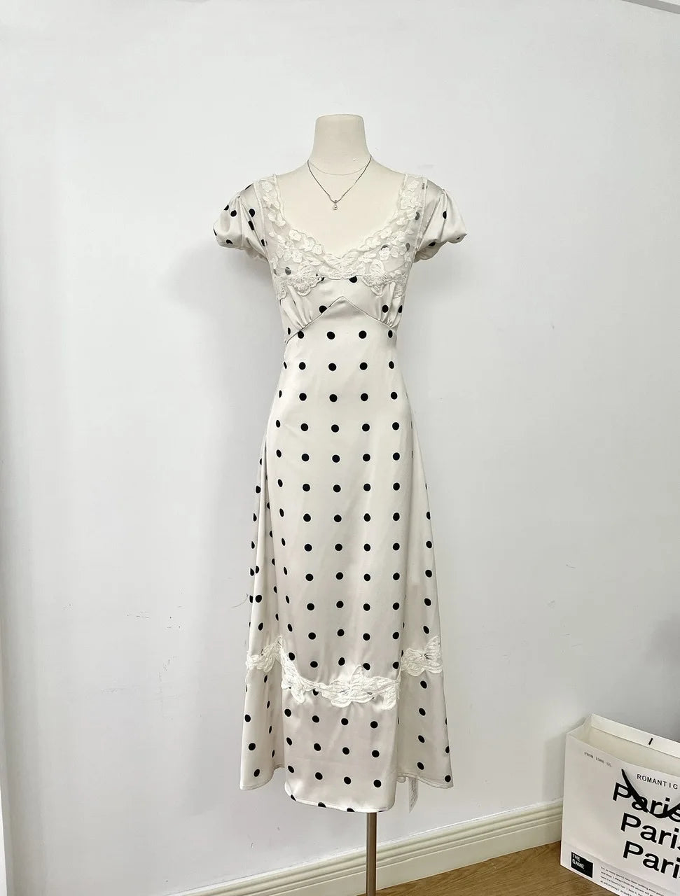 Lace Patchwork Satin Polka Dot A-Line Maxi Dress for Women Elegant Chic Birthday Party Outfit Evening Dress    cg25820