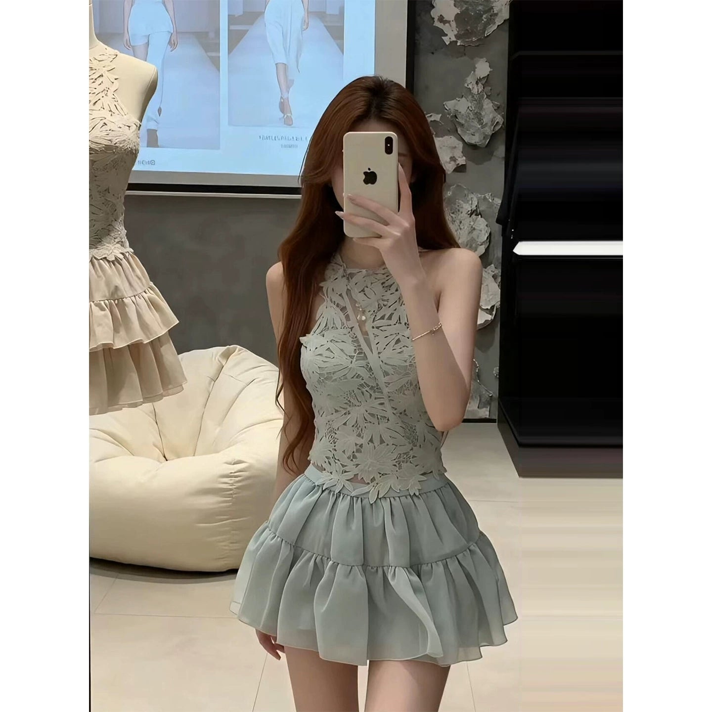3D lace halter top and mesh skirt set G022
