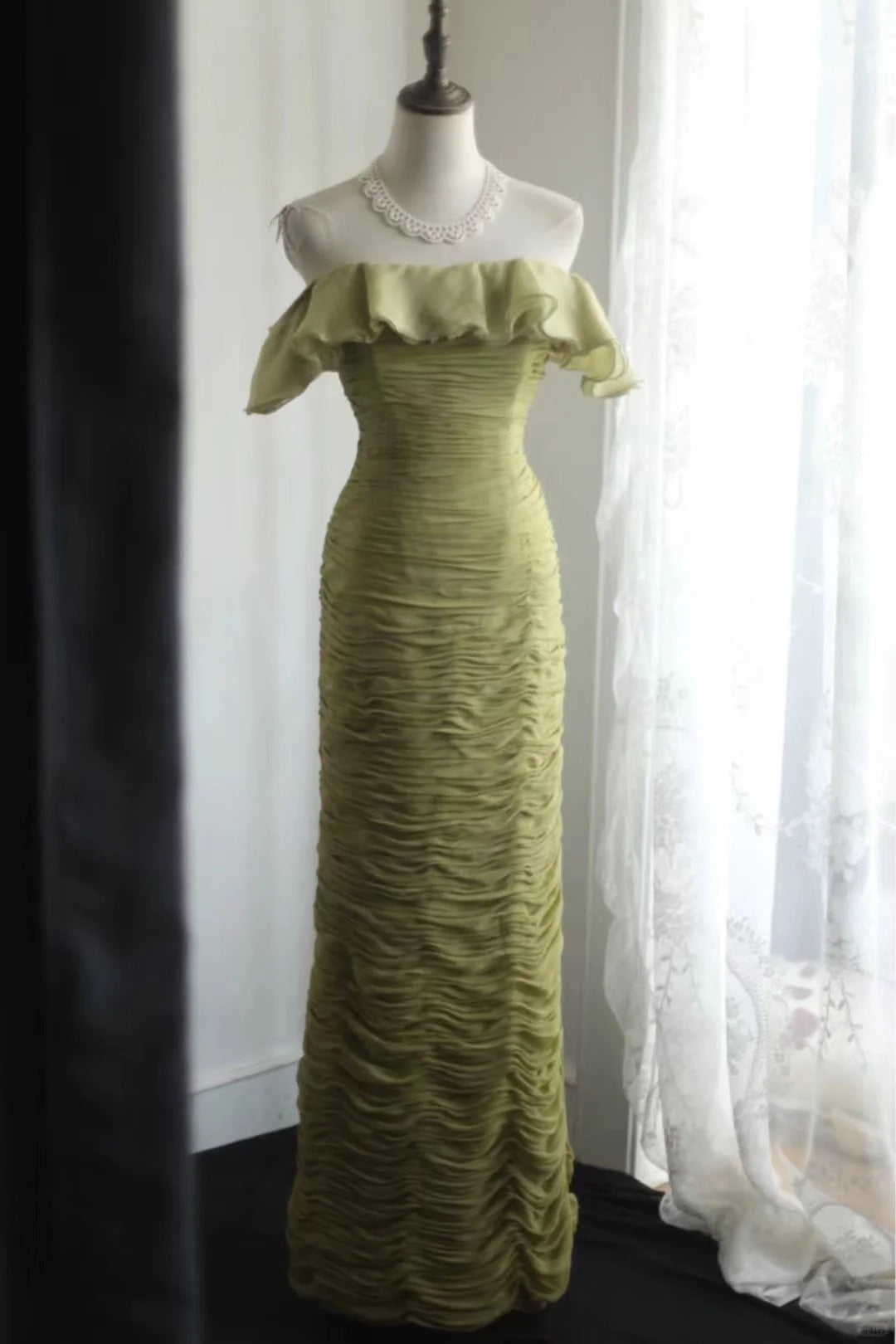Green Off Shoulder Vintage Long Party Dress Evening Dress Prom Dresses     cg25706