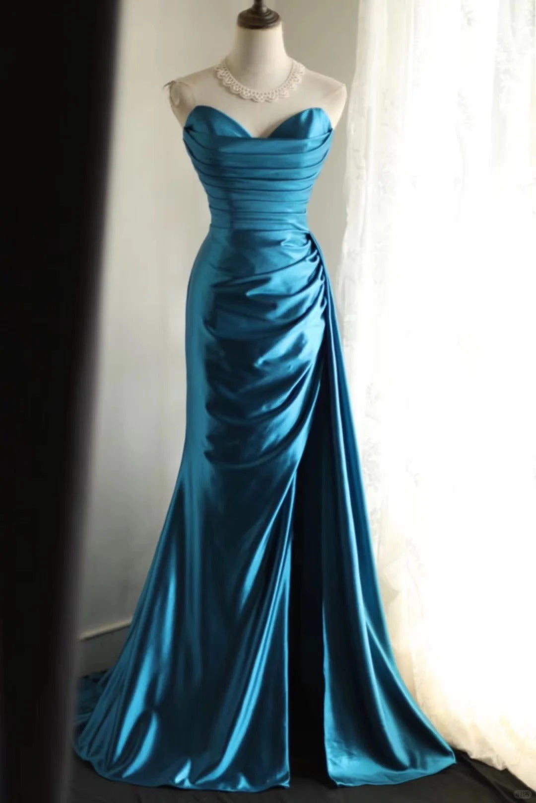 Blue Satin Simple Prom Party Dresses Unique Long Evening Dress   cg25944