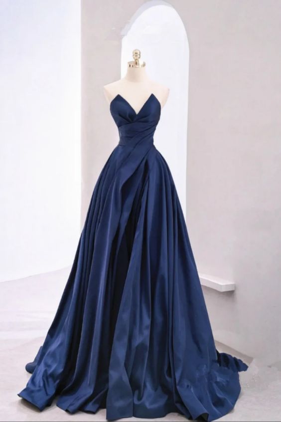 Dark Blue Satin Strapless Prom Dress cg25040
