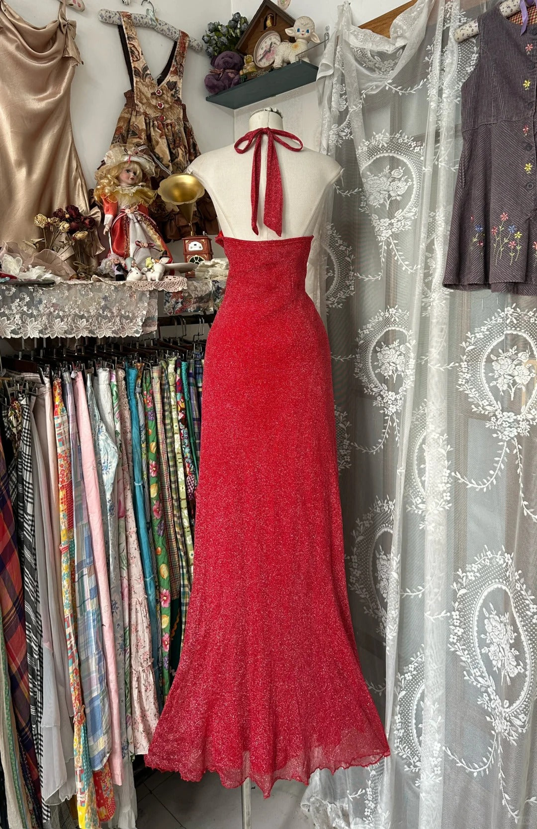 Red Halter Mermaid Vintage Evening Dresses, Sleeveless Party Gowns  cg25494