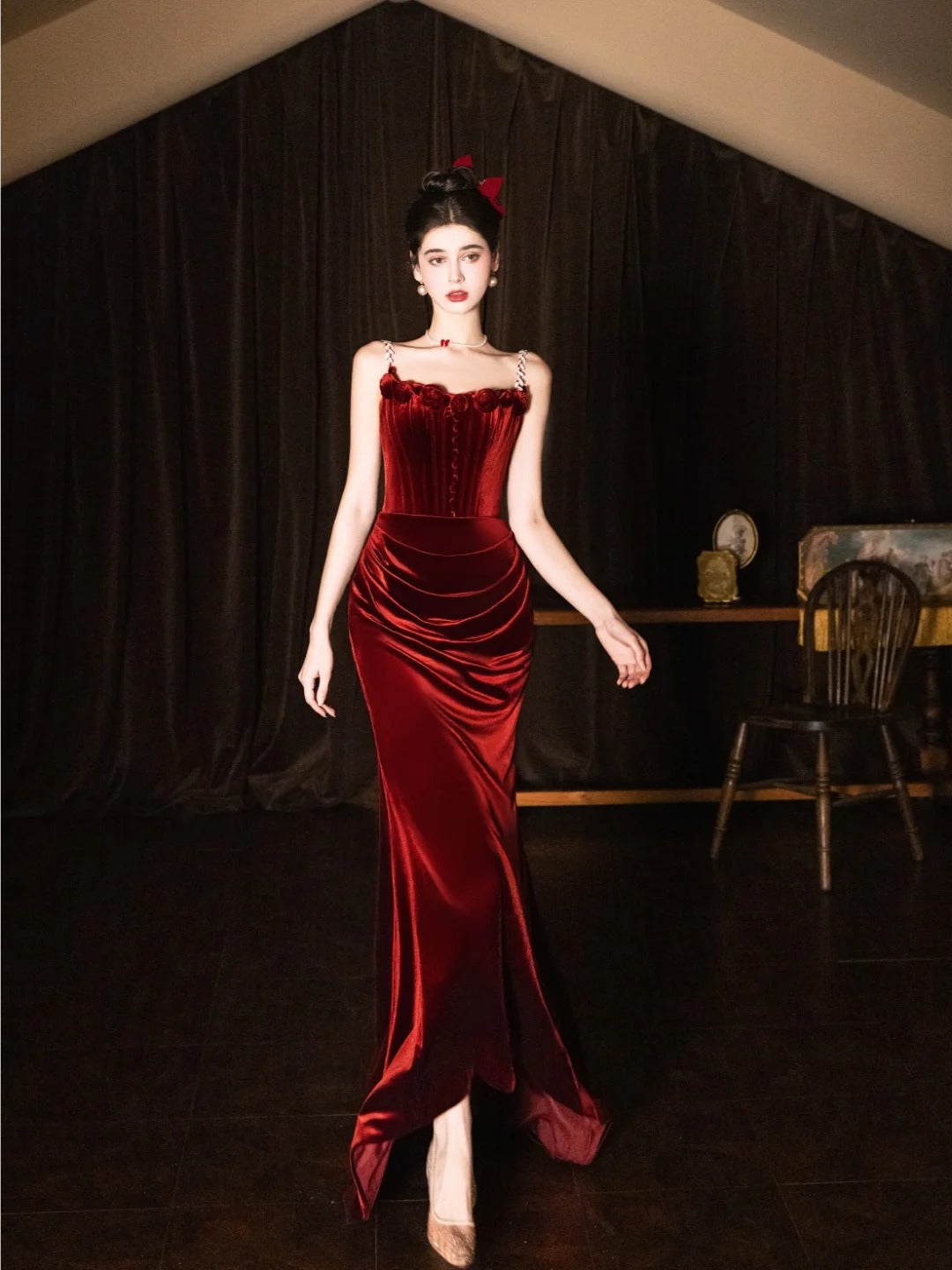 Burgundy Mermaid Velvet Vintage Evening Dresses,Sleeveless Party Gowns  cg25489