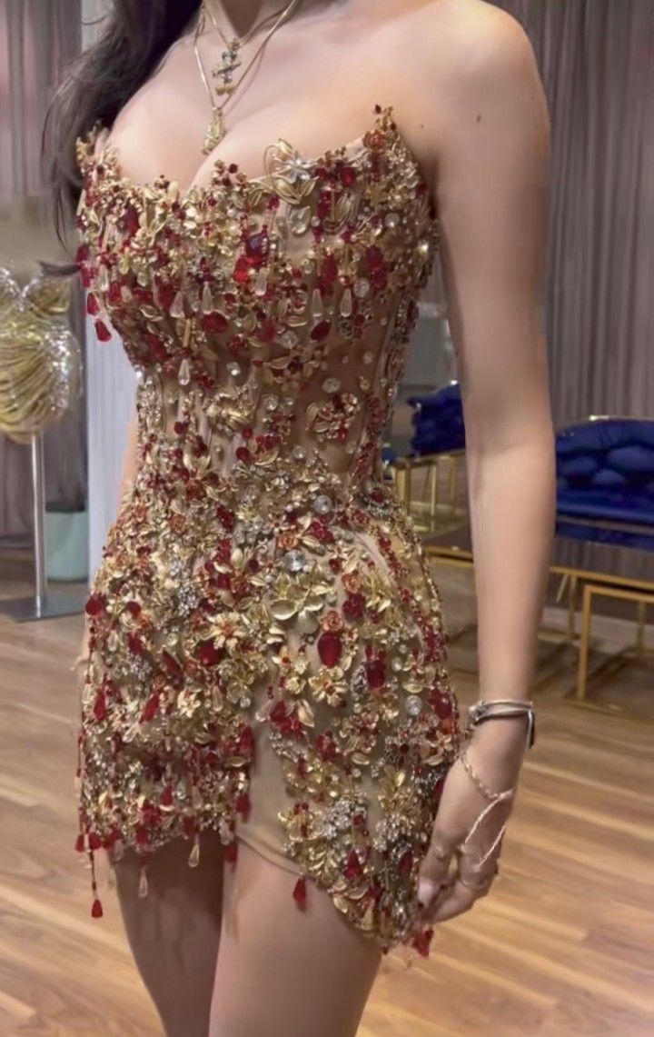 Sheath Strapless Beads Gold Mini Short Formal Dresses Middle School Cocktail Dress Outfits cg26089