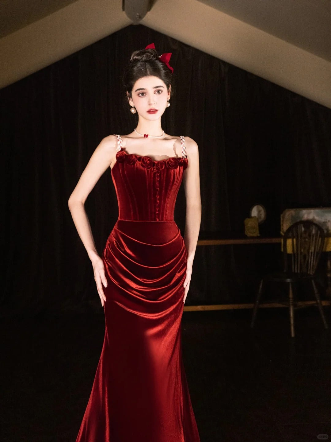 Burgundy Mermaid Velvet Vintage Evening Dresses,Sleeveless Party Gowns  cg25489