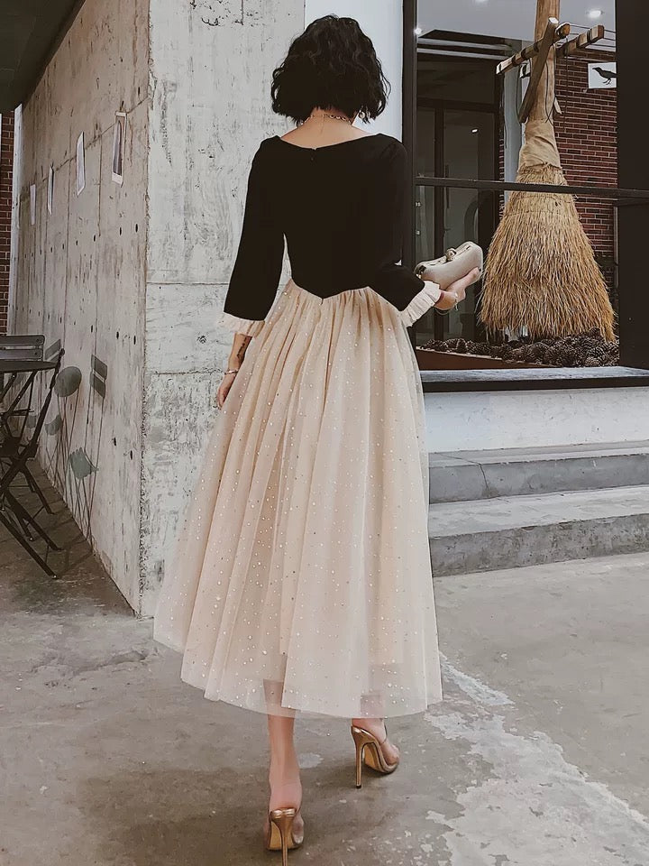 Long Sleeve Prom Dress ,elegant Midi Dress, Black And Champagne Party Dress cg23628