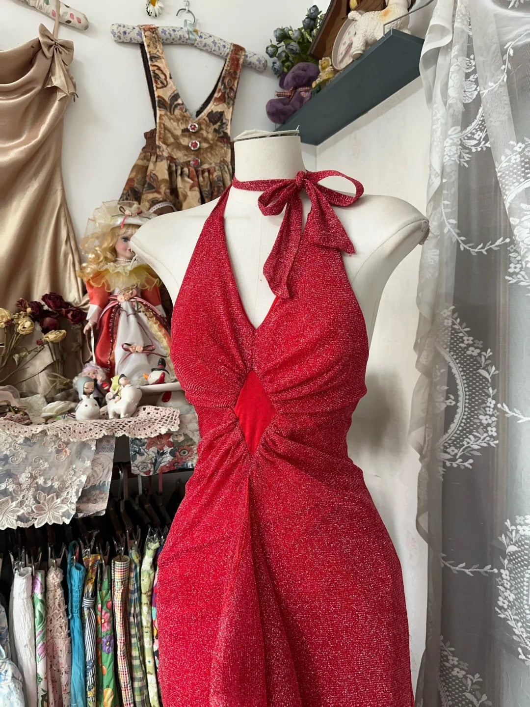 Red Halter Mermaid Vintage Evening Dresses, Sleeveless Party Gowns  cg25494