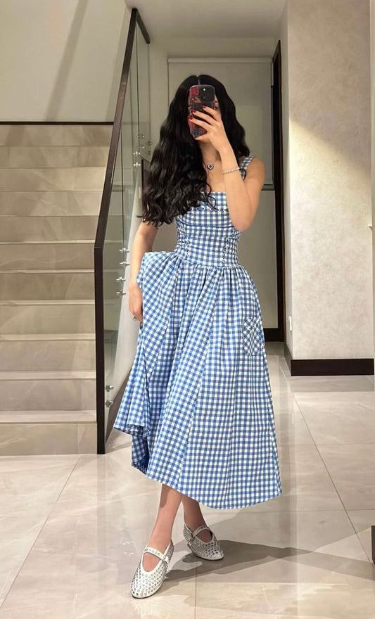 A-Line Blue and white plaid Prom Party Dresses Evening Dress    cg25868