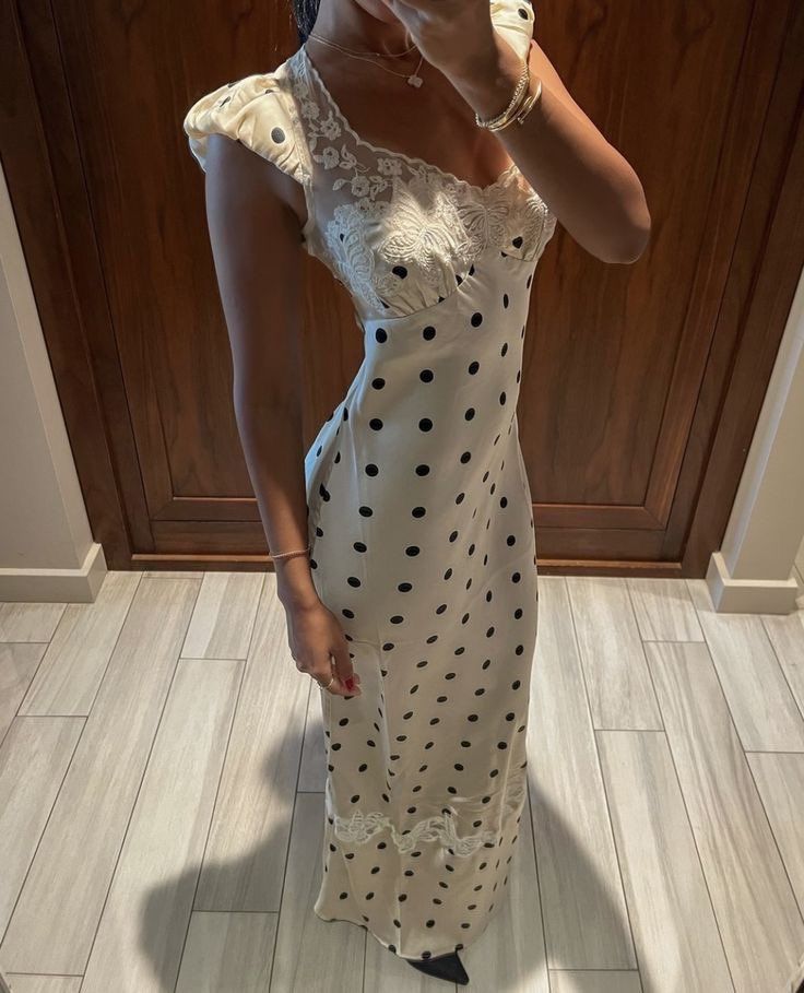 Lace Patchwork Satin Polka Dot A-Line Maxi Dress for Women Elegant Chic Birthday Party Outfit Evening Dress    cg25820