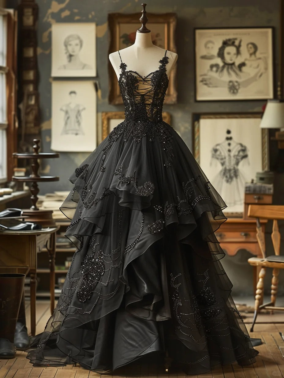A Line Black Tulle Vintage Evening Dresses,Sleeveless Party Gowns  cg25490