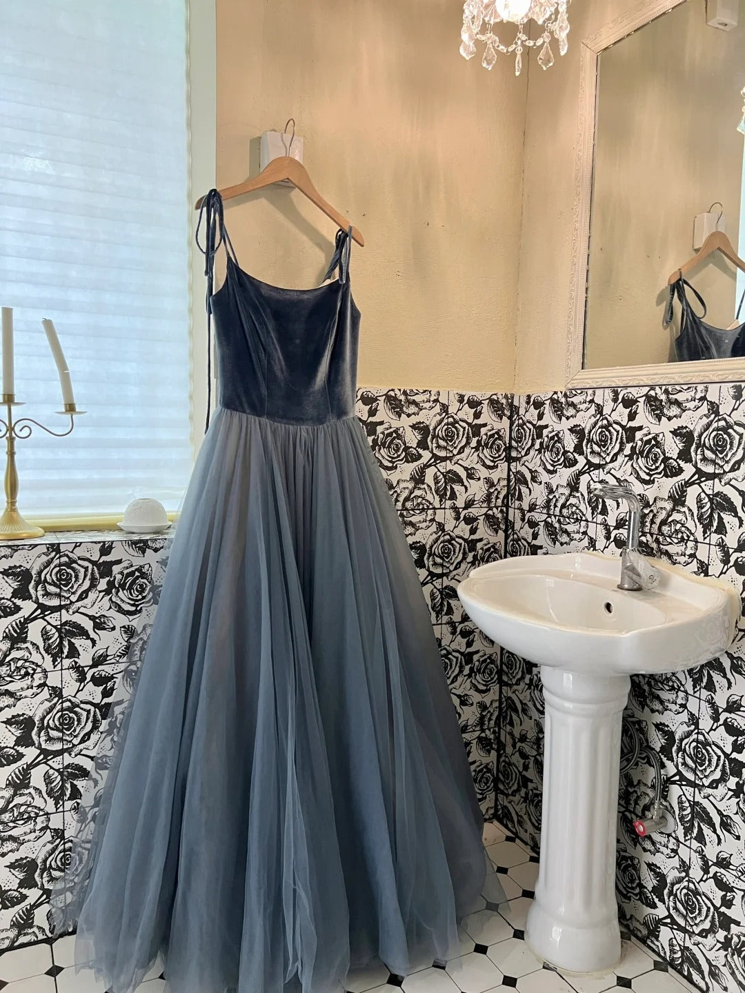 A Line Gray Tulle Princess Evening Dress for Girls Long Party Gowns    cg25782