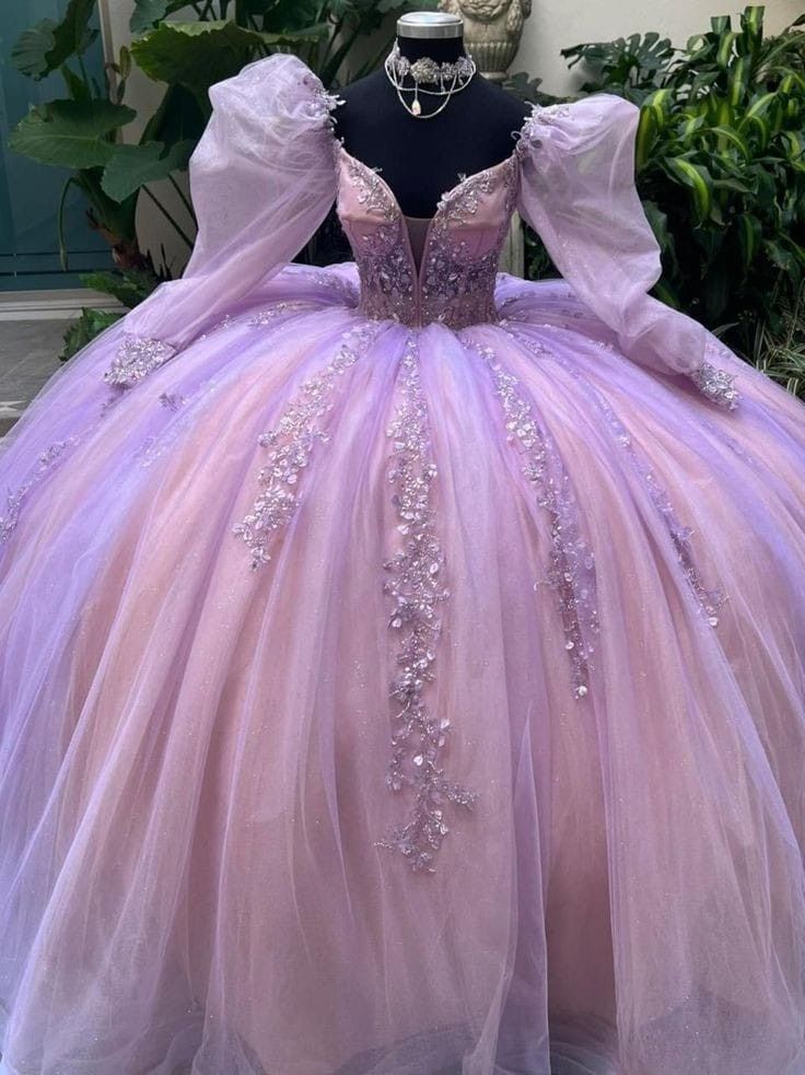 Elegantes Ballkleid mit schulterfreien langen Laternenärmeln und Applikationen aus Tüll mit Prinzessinnen-Print, Quinceanera-Kleid für Sweet 16, cg25641