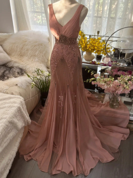 Sexy V Neck Chiffon Vintage Evening Dresses, Sleeveless Long Party Gowns  cg25504