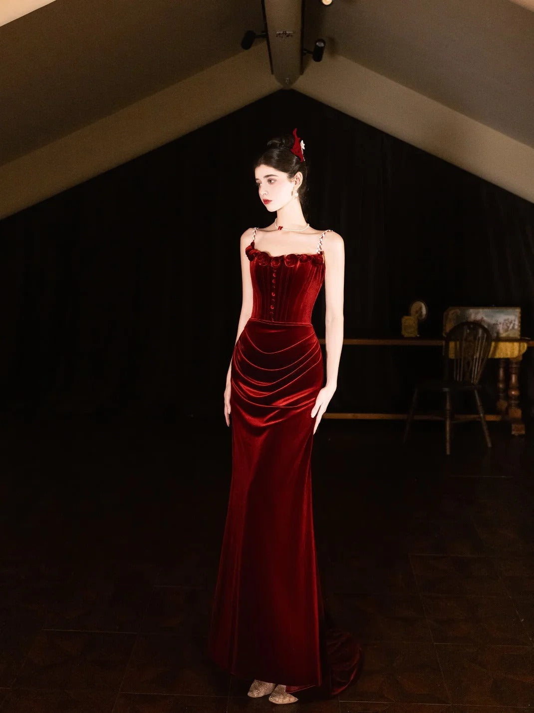 Burgundy Mermaid Velvet Vintage Evening Dresses,Sleeveless Party Gowns  cg25489