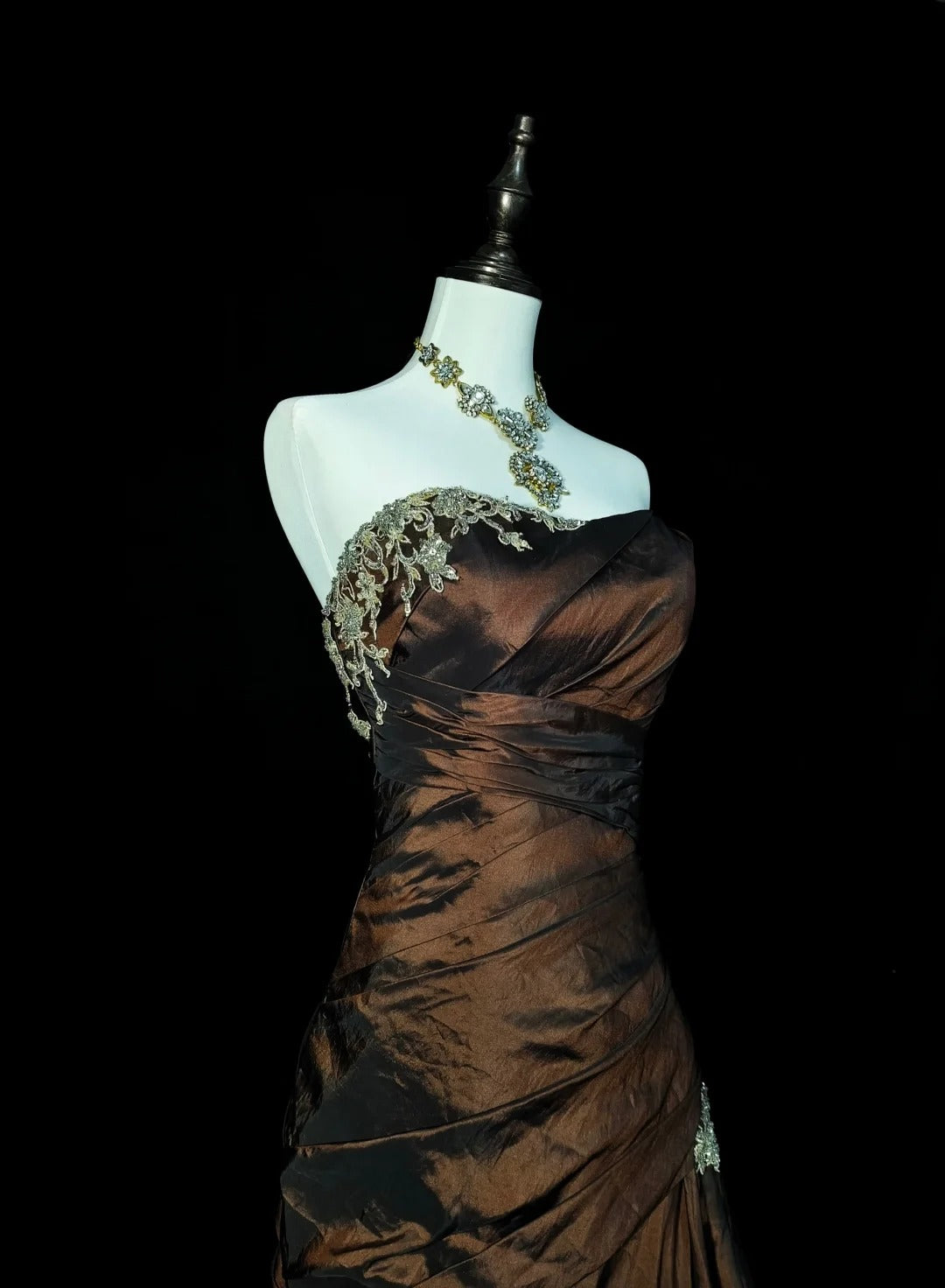 Strapless Brown Vintage Evening Dresses, Sleeveless Long Party Gowns  cg25499