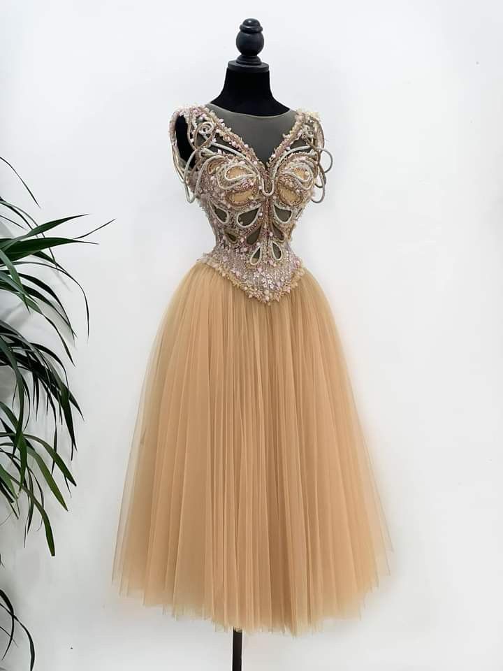 A Line Champagne Tulle Short Party Dress Cocktail Dresses Homecoming Dress     cg25812