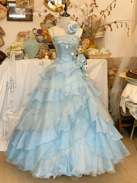 A Line Blue Tulle Ball Gown Quinceanera Dress Unique Long Evening Dress    cg25485