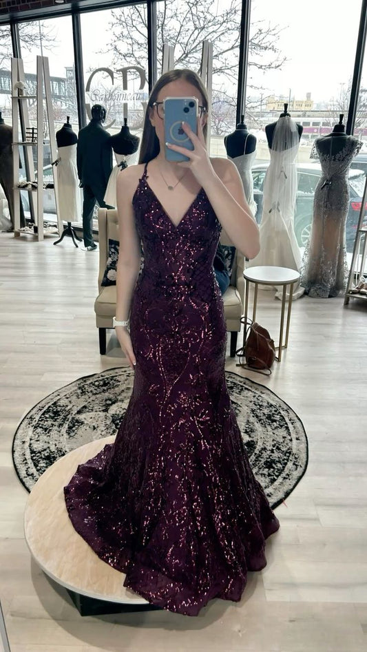 Purple Shiny Sequin Evening Dresses, Sleeveless Mermaid Long Prom Party Gowns  cg25579