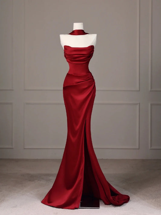 Red Mermaid Evening Dresses, Long Sleeveless Prom Party Gowns With Slit  cg25533