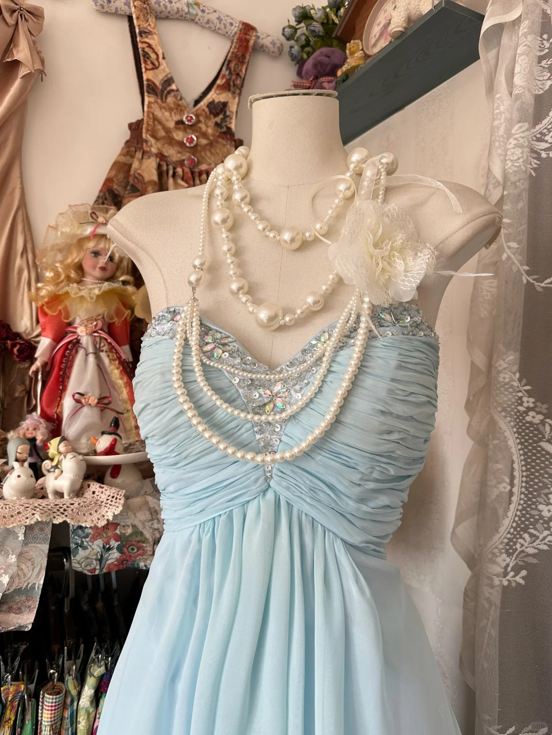 Light Sky Blue Chiffon Vintage Evening Dresses, Sleeveless Party Gowns  cg25495