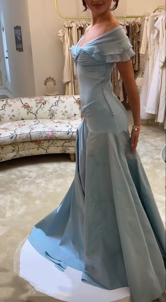 Blue Off-the-shoulder Elegant A-Line Long Prom Dress Birthday Dress   cg25465