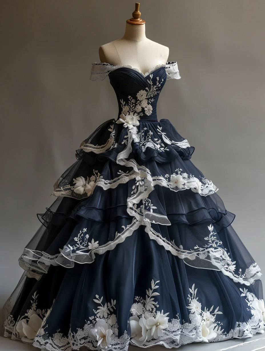 A Line Navy Blue Tulle Vintage Evening Dresses,Off Shoulder Party Gowns  cg25491