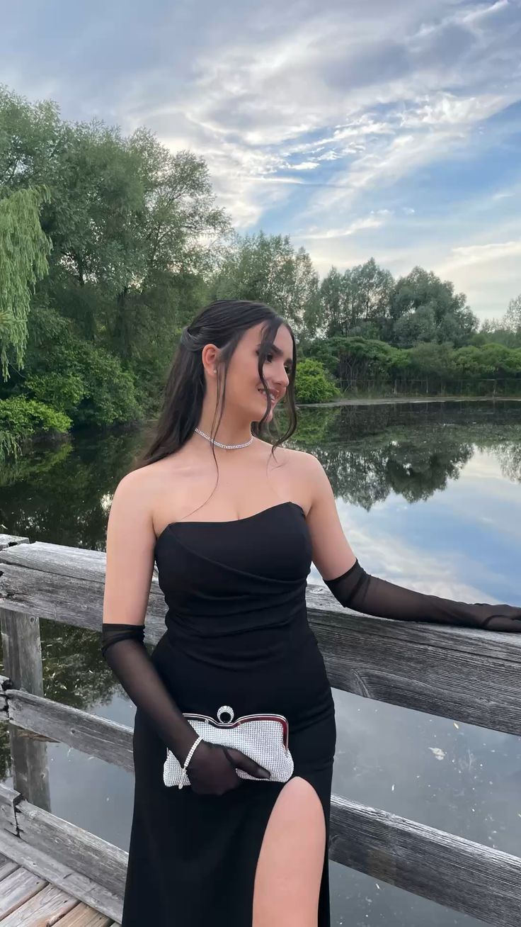 Elegant Black Evening Dress Strapless Dress with Split cg25101