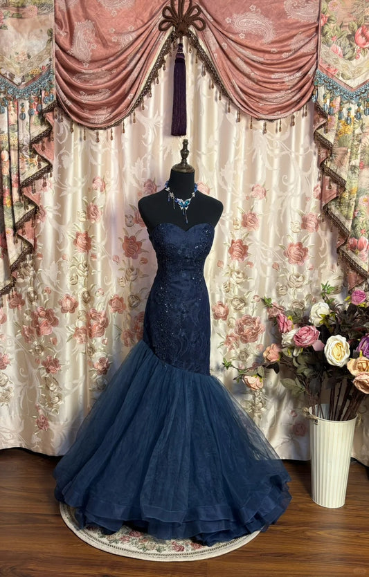 Navy Blue Tulle Mermaid Evening Dresses,Sleeveless Party Prom Dress  cg25481