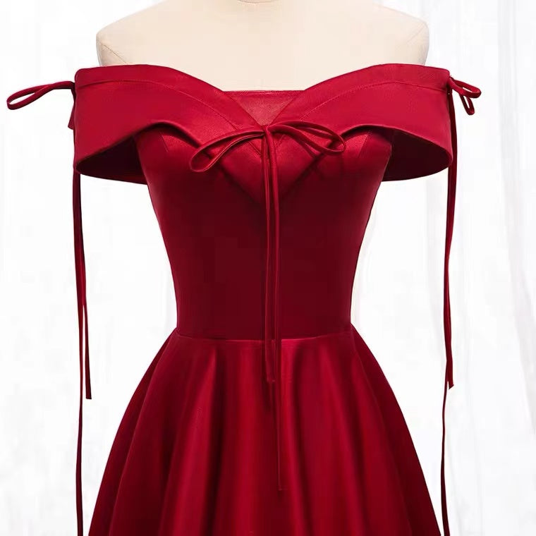 A-Line Burgundy Satin Off the Shoulder Prom Dress cg19183