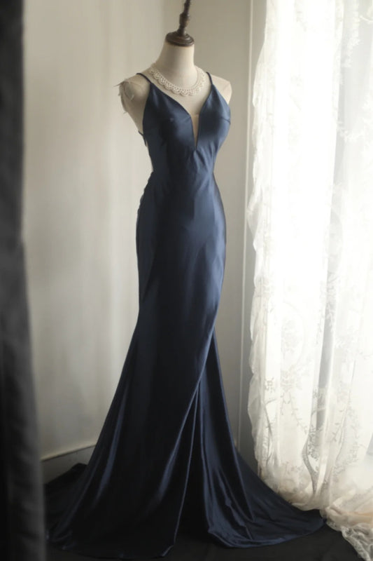 Navy Blue Satin Simple Prom Party Dresses Unique Long Evening Dress   cg25946