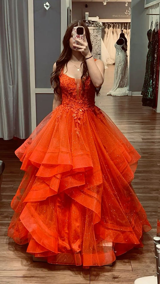 A Line Orange Tulle Long Party Dress Evening Dress Prom Dresses     cg25691