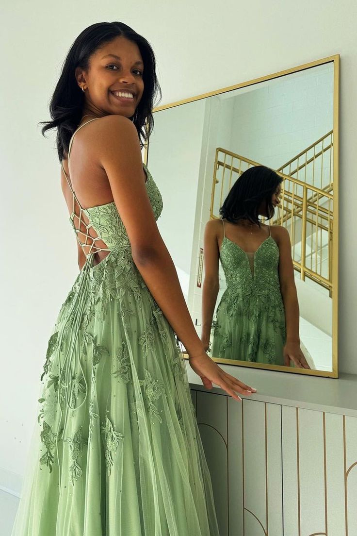 Sage Green V Neck Tulle A-Line Long Prom Dresses with Appliques     cg25713