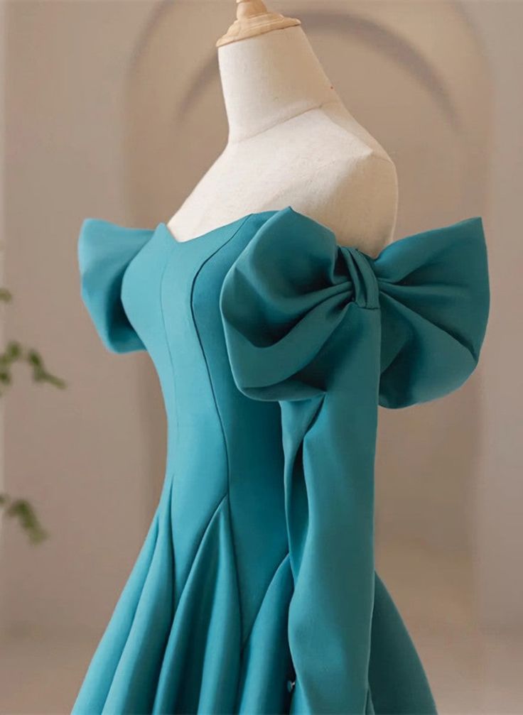 Teal Blue Long Sleeves with Bow A-line Sweetheart Prom Dress, Teal Blue Evening Dress cg25044