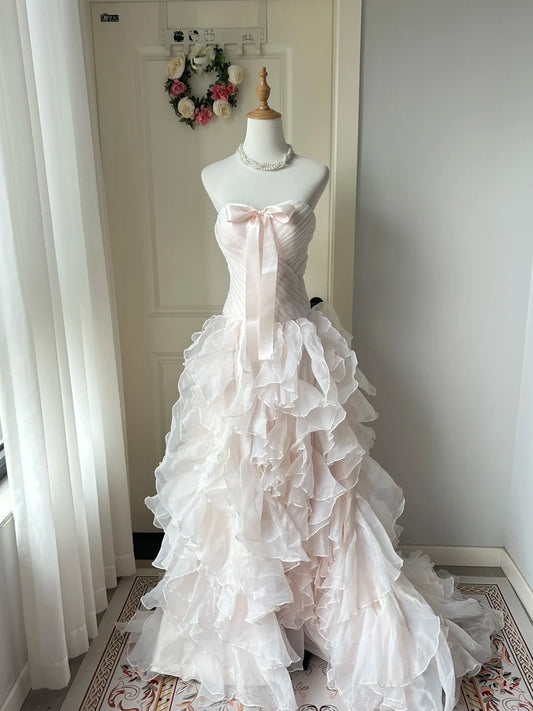 A Line Light Pink Strapless Prom Party Dresses Unique Long Evening Dress Vintage Princess Dress   cg25989