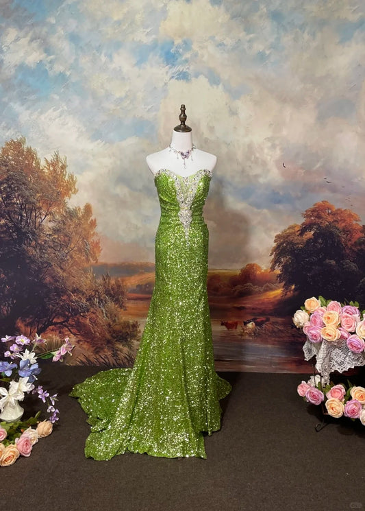 Green Sequin Mermaid Strapless Evening Dress Long Prom Dress    cg25569