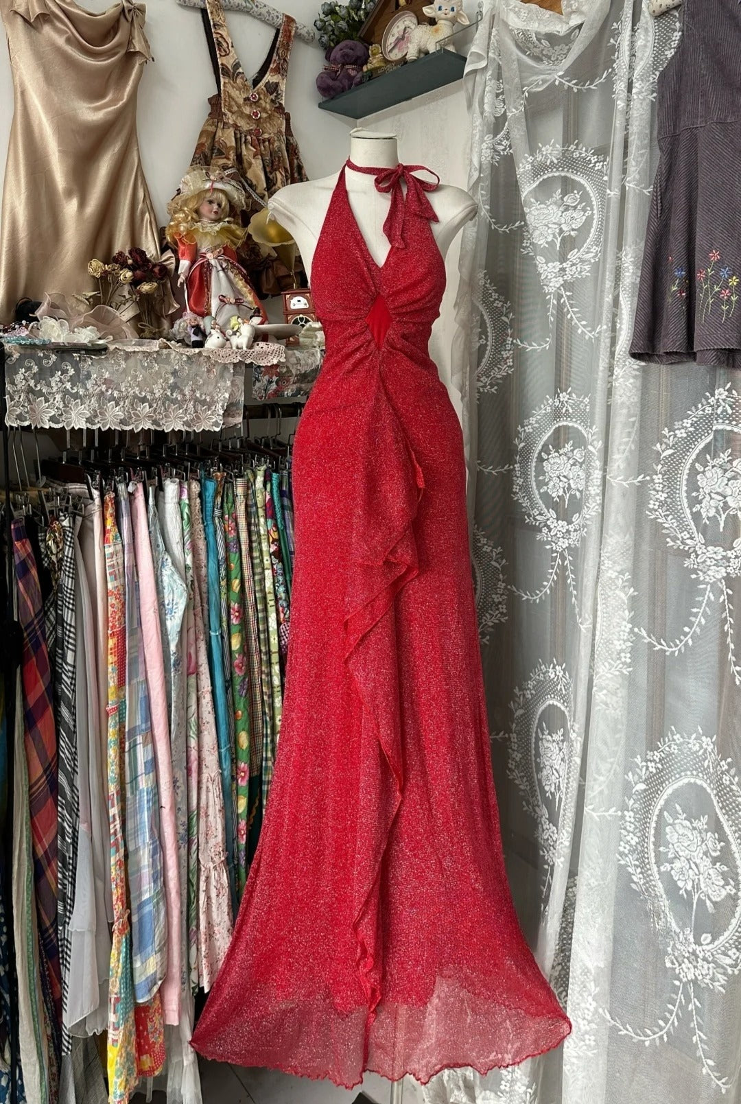 Red Halter Mermaid Vintage Evening Dresses, Sleeveless Party Gowns  cg25494