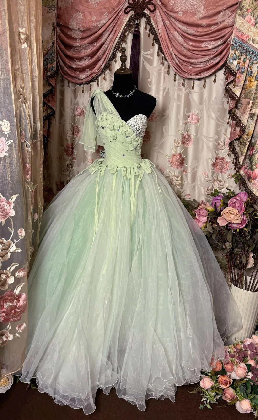 A Line Long Ball Gown Quinceanera Dress Unique Green Long Evening Dress    cg25547