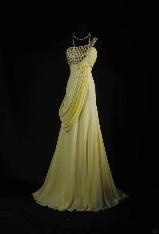 Yellow One Shoulder Chiffon Vintage Evening Dresses, Sleeveless Long Party Gowns  cg25500
