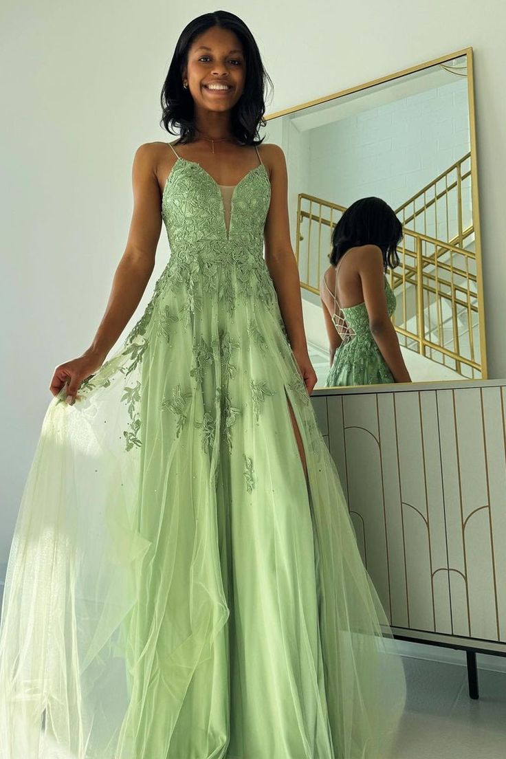 Sage Green V Neck Tulle A-Line Long Prom Dresses with Appliques     cg25713