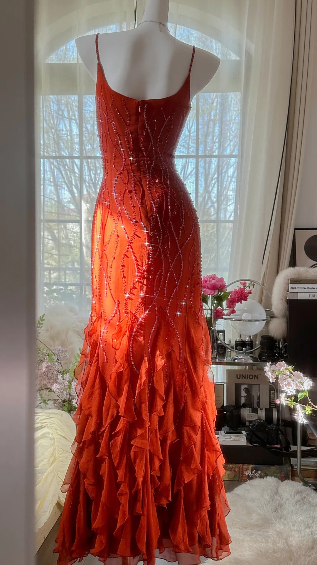 Vintage Evening Dresses, Orange Mermaid Sleeveless Long Party Gowns  cg25529