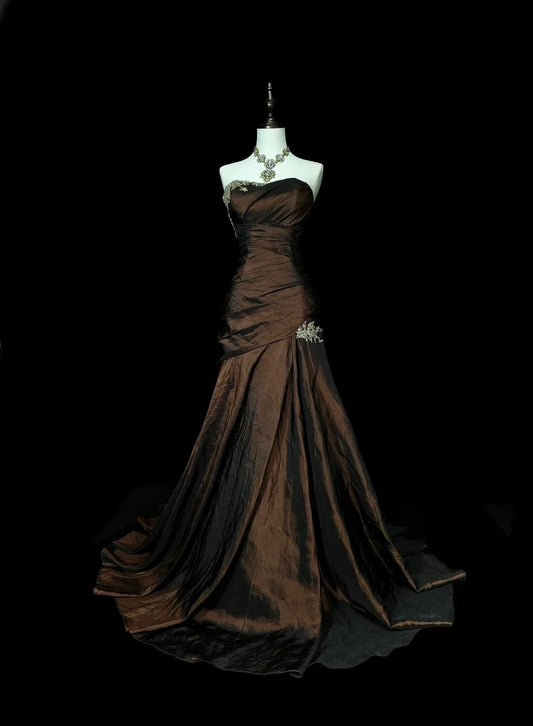 Strapless Brown Vintage Evening Dresses, Sleeveless Long Party Gowns  cg25499